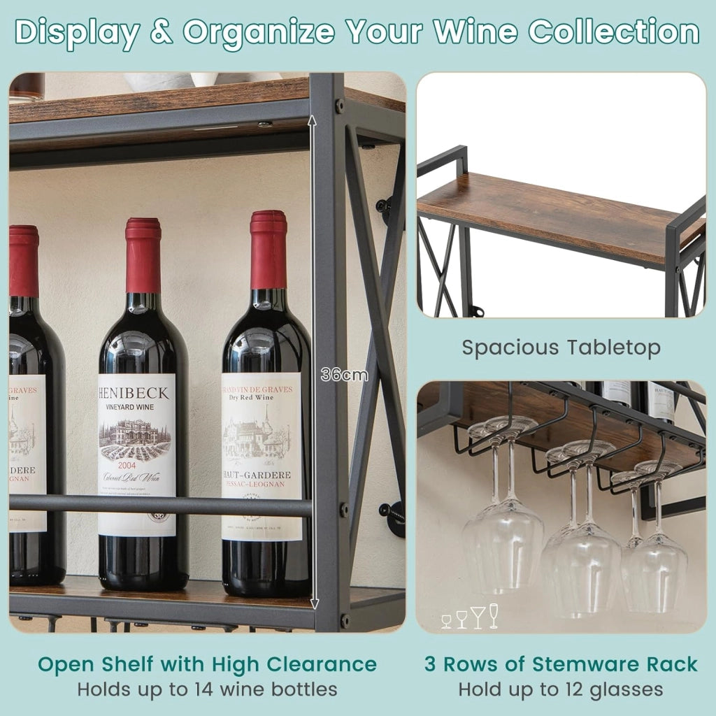 Scaffale per vino da parete, scaffale per bottiglie in legno con telaio metallico, scaffale decorativo da parete con portabicchieri per bicchieri, portabottiglie per bar, cucina, soggiorno