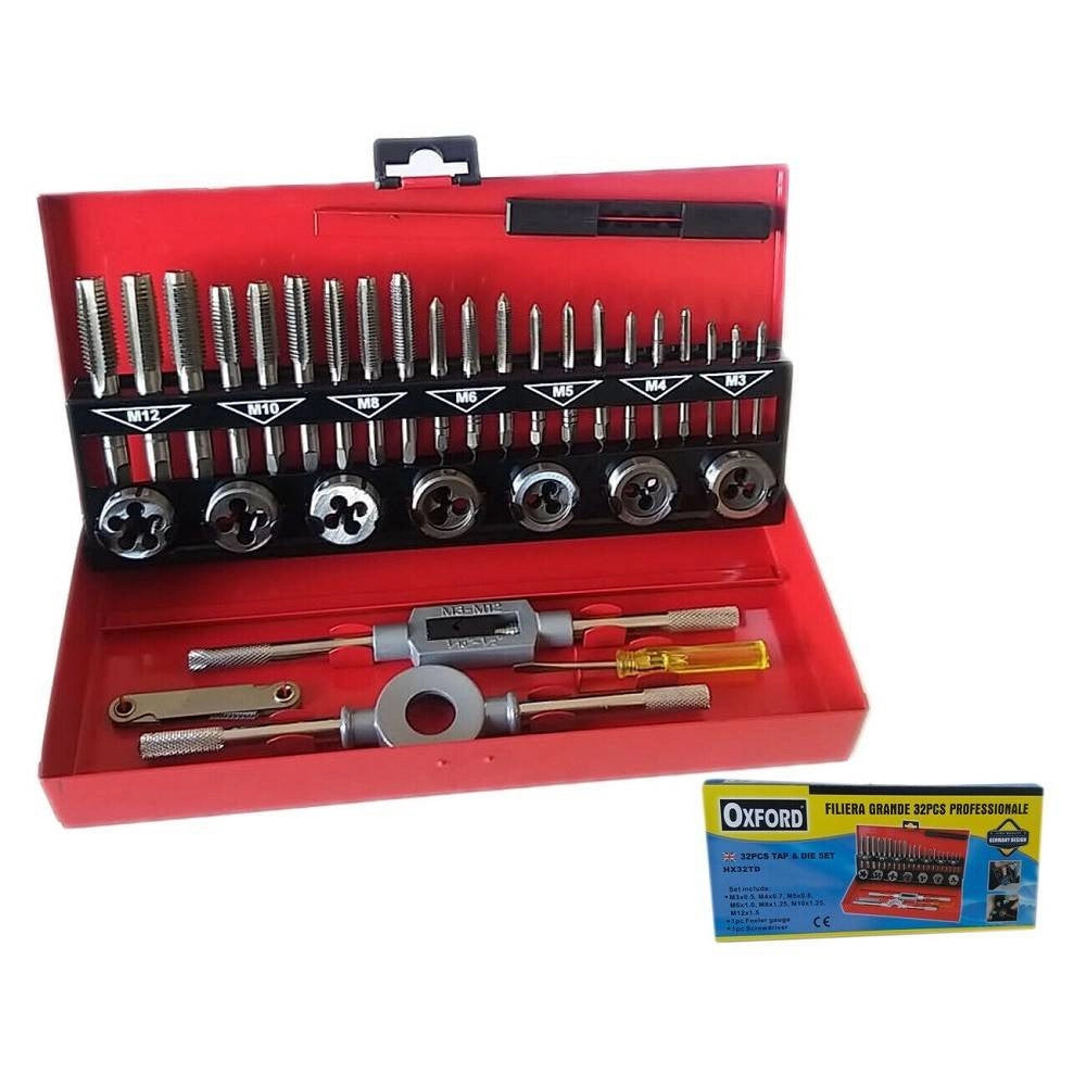 Trade Shop - Set 32 Pezzi Cassetta Kit Filiera Per Filettatura Maschi E Femmine Hx32td -