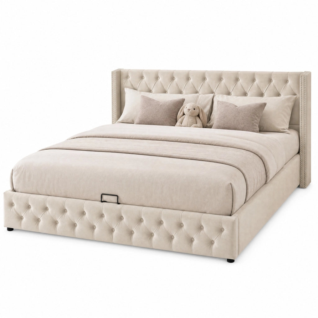 Letto matrimoniale contenitore 180x200 cm in velluto beige