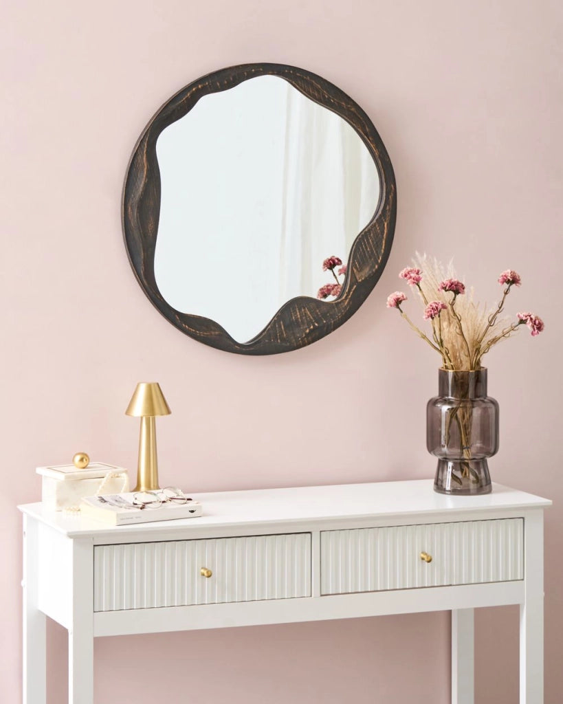 Specchio da parete in legno di pino marrone scuro ⌀ 60 cm Decorativo rotondo stile retrò Accessori per la casa