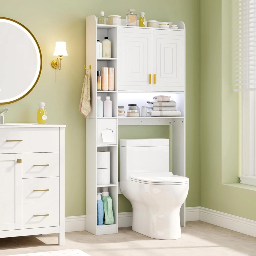 Mobile su WC con striscia luminosa, armadio da bagno con porte, ripiani aperti, supporto per carta igienica e gancio laterale, 80 x 20 x 171 cm, scaffale di stoccaggio (Bianco)