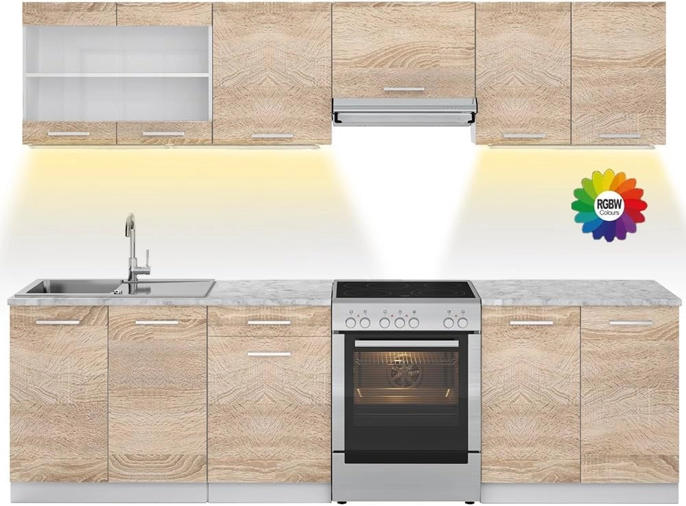 Mobile da cucina Raul, Sonoma, 270 cm, PL Marmo con striscia LED, con moduli regolabili e piedini ad altezza variabile