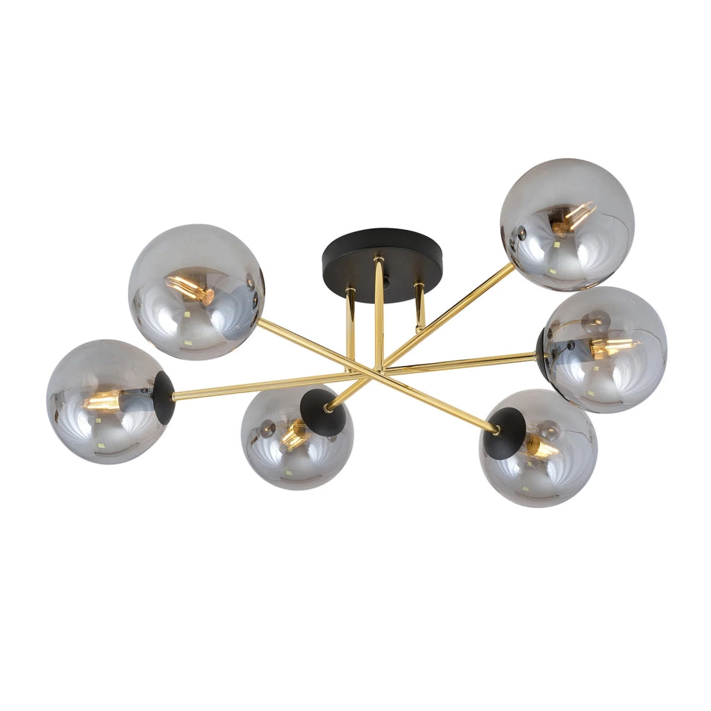 Plafoniera Moderna Magnium 6 Luci In Acciao Oro E Sfere In Vetro Fumè