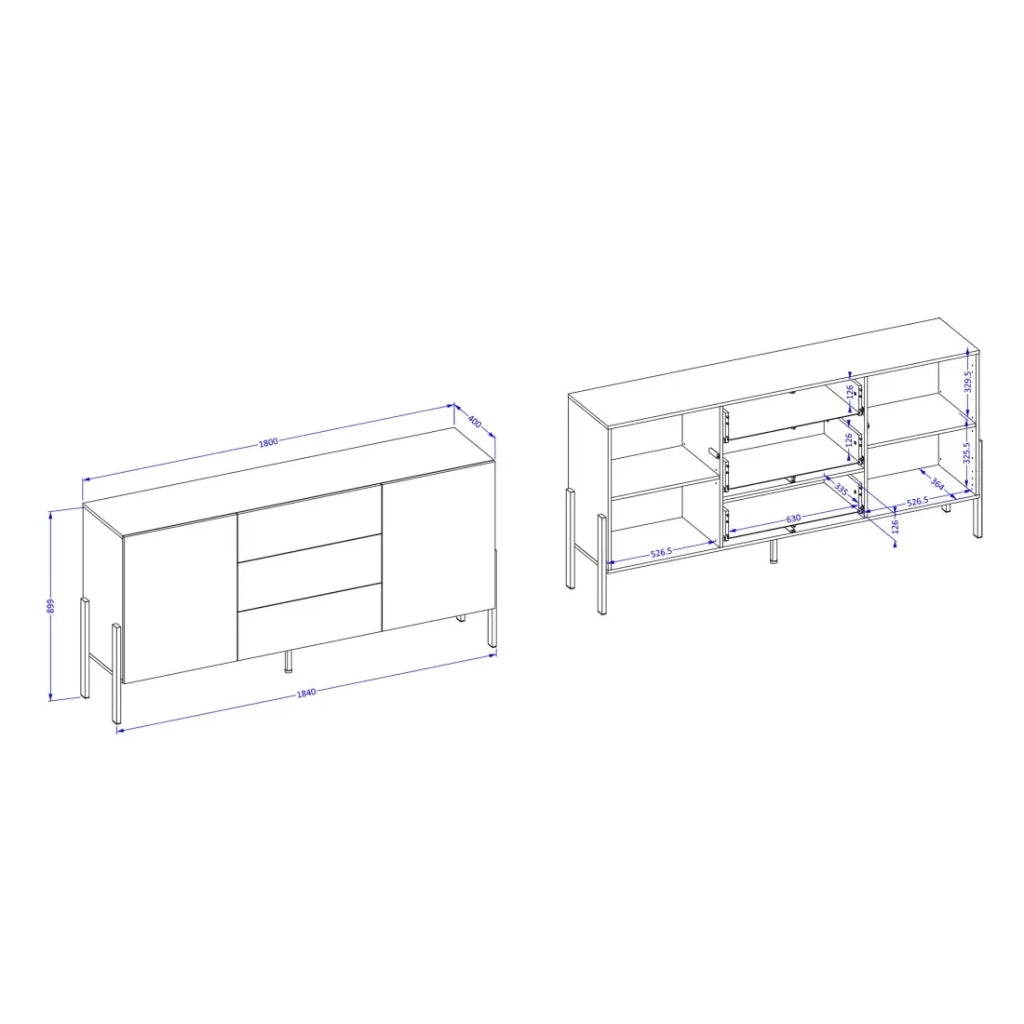 Buffet SALMA 2 porte & 3 cassetti Push-to-Open – Bianco Super Opaco & Nero Opaco, 184×90×40 cm