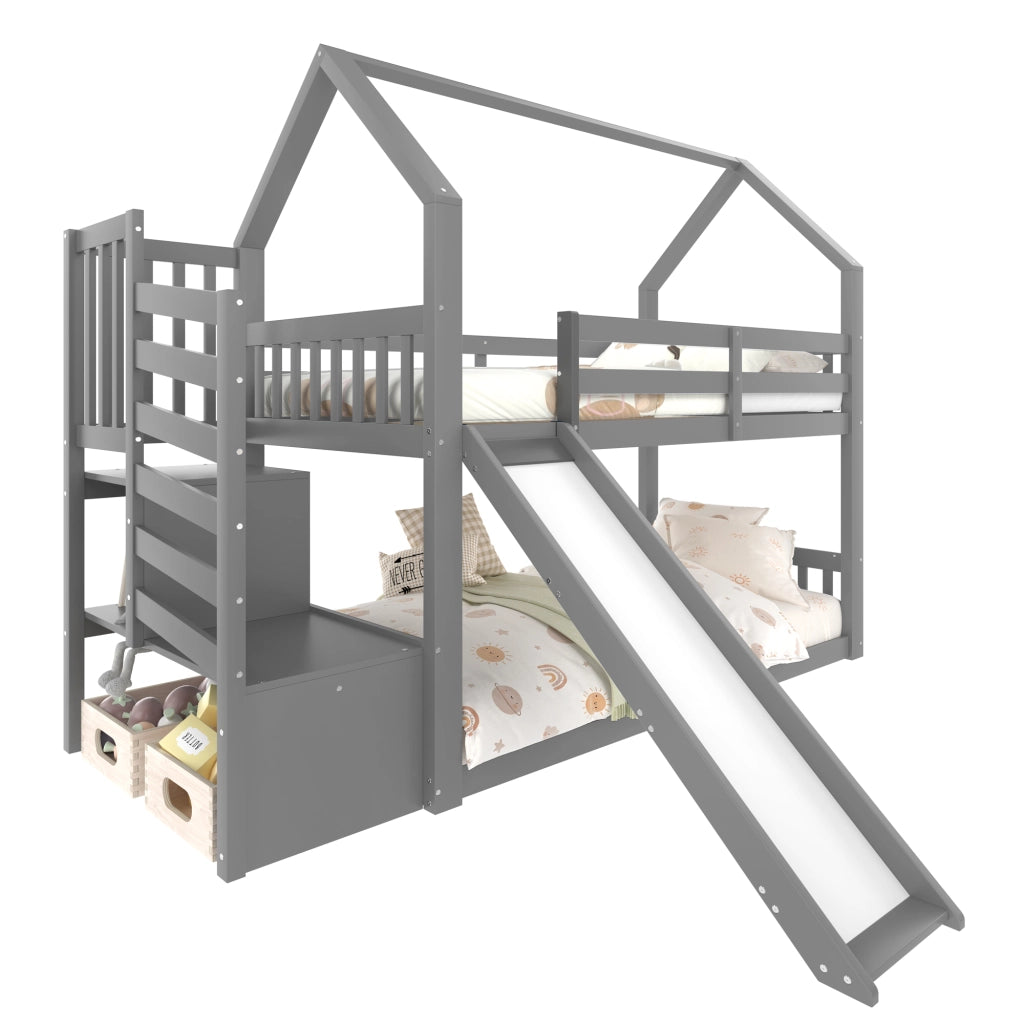 OKWISH Letto a Castello 90×200 cm, Letto Singolo con Scala con Vani, Scivolo e Spondine, senza Materasso, Grigio