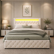 Letto imbottito 140x200 cm con contenitore; LED; rete a doghe; PU bianco