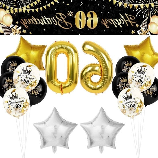 Decorazione di compleanno 60° - set nero oro per uomo e donna con pendolo.