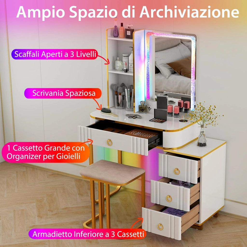 Toeletta da Trucco con Luci, Set Tavolo da Trucco con Sgabello 4 Cassetti, 7 Colori Regolabili di Luce, Porte USB, Telecomando, per Soggiorno Camera da Letto (Bianco)