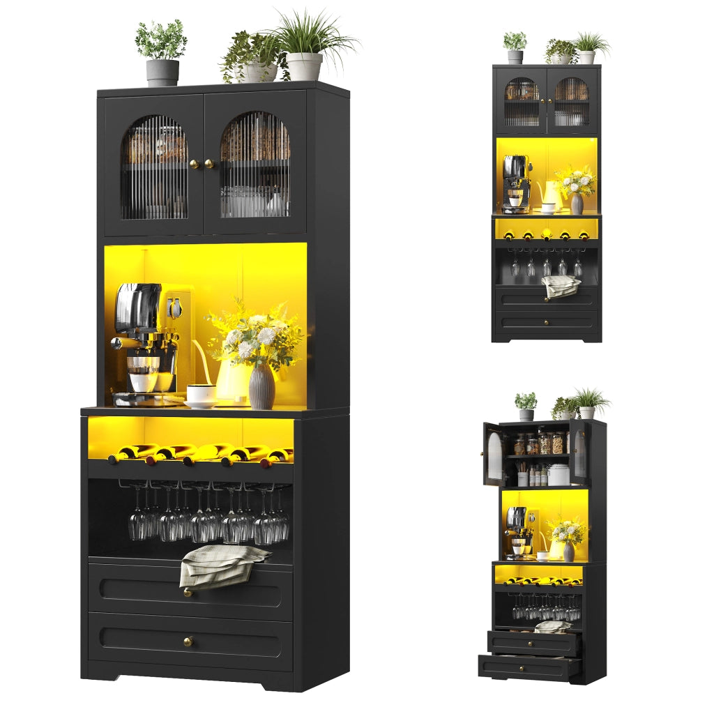 Credenza con ante in vetro; LED e USB; ripiani regolabili; cassetti; per cucina e soggiorno; MDF nero; 70 × 40 × 180 cm