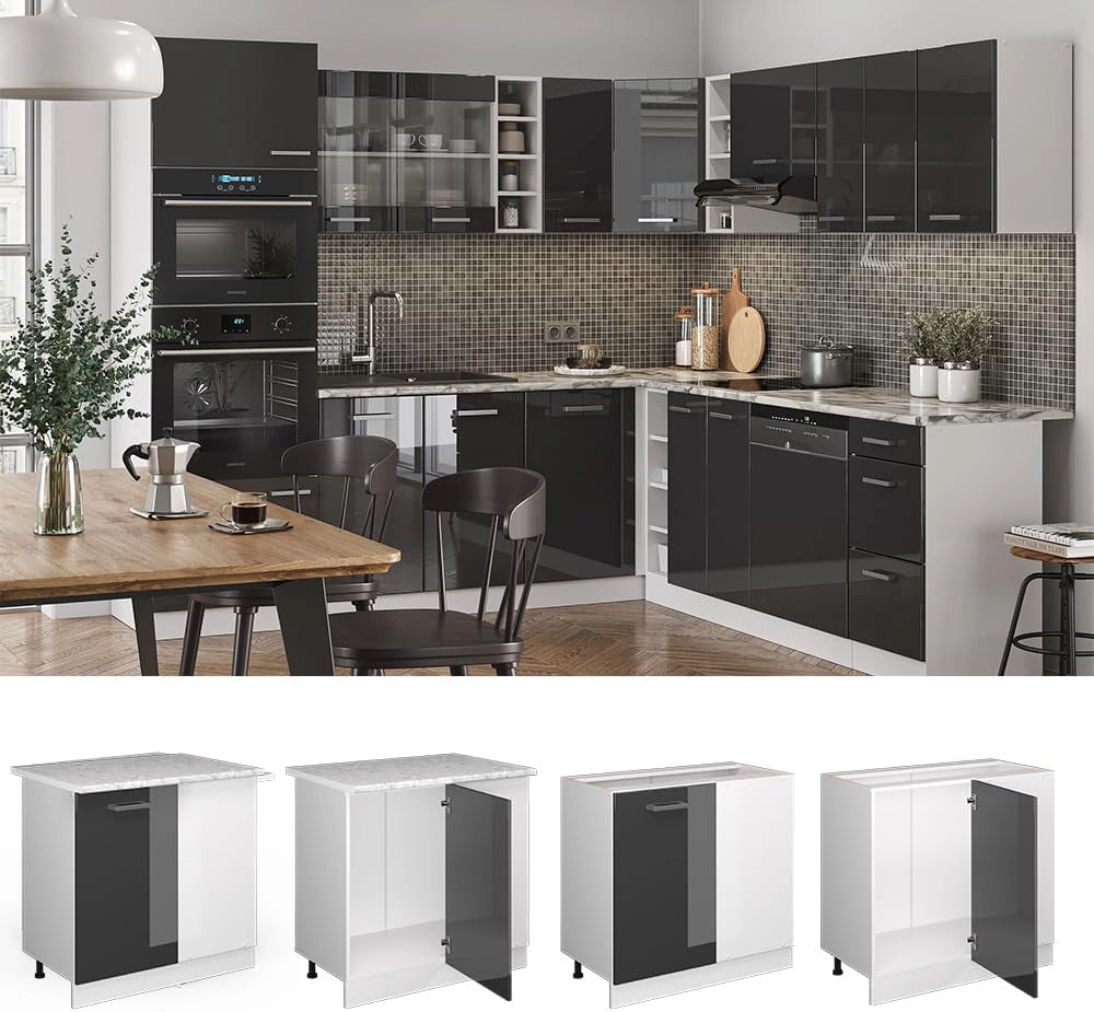 Mobile ad angolo cucina R-Line, Antracite lucido, 86 cm senza piano di lavoro, per la libera combinazione all'interno di sistemi cucina modulari