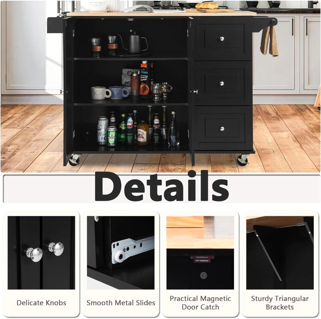 Carrello da Cucina con Pannello Pieghevole Portato fino a 50 kg, Isola da Cucina 43x136x91cm, Carrello Portaoggetti in Legno con Ruote, Multifunzione e Grande, Nero (Nero)