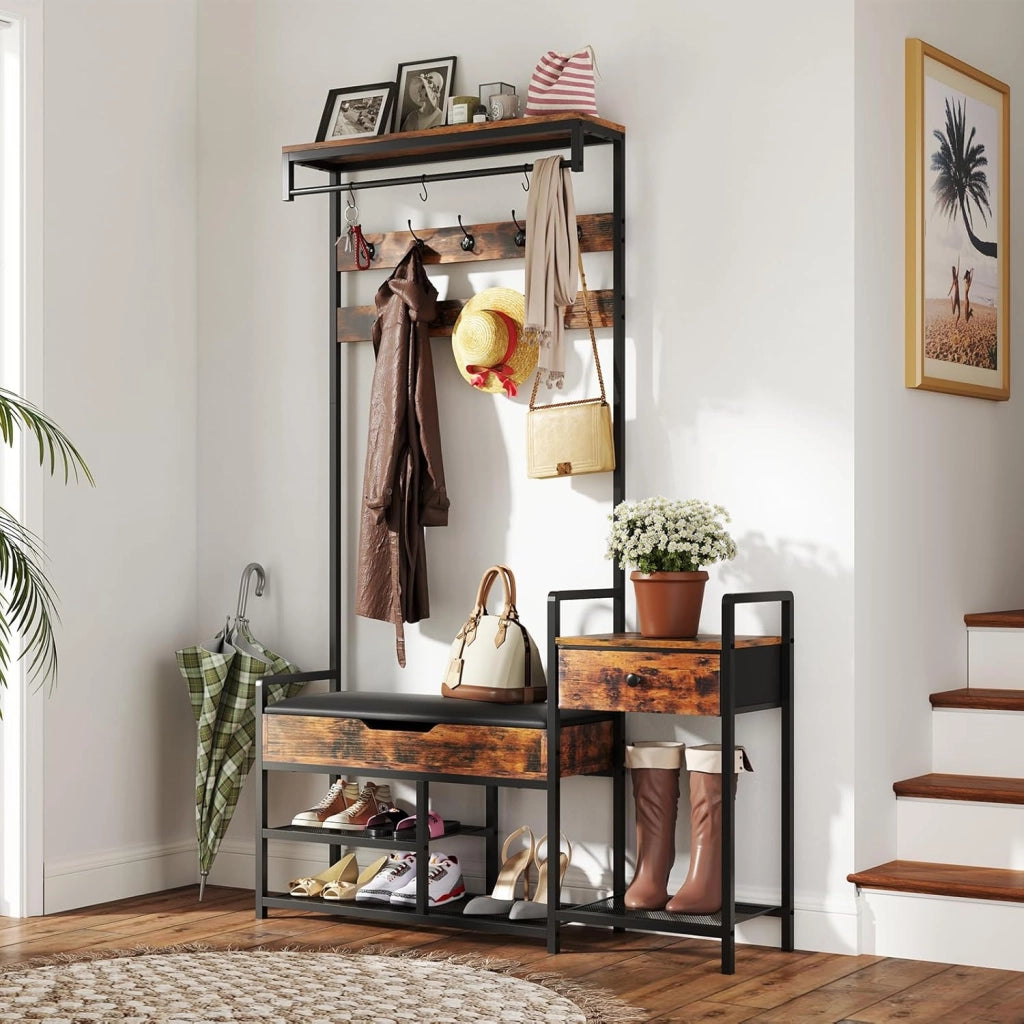 Appendiabiti da Terra 178 cm, Stand Appendiabiti da Ingresso con Scaffale per Scarpe 12 Ganci Cassetti e Panchina, Stendibiancheria per Ingresso Soggiorno Camera da Letto
