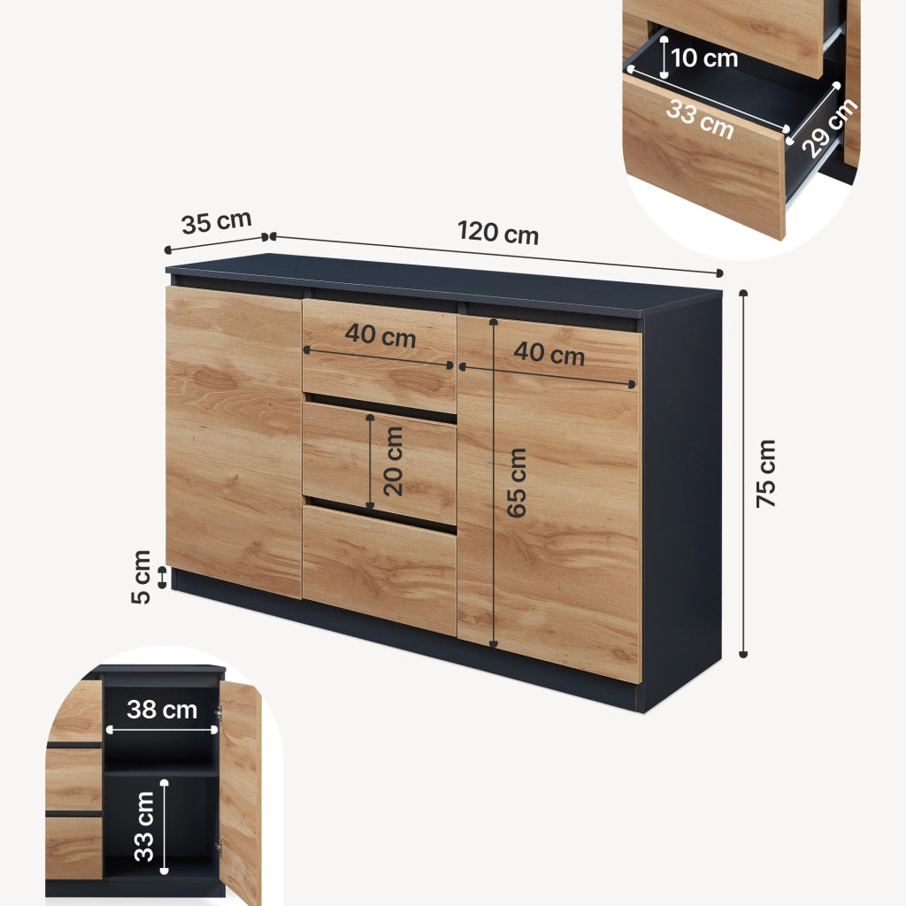 Credenza Mobile Contenitore Kyr Comò con 2 Ante e 3 Cassetti 120 x 35 x 75 cm - Nero/Effetto Rovere Rustico [en.casa]