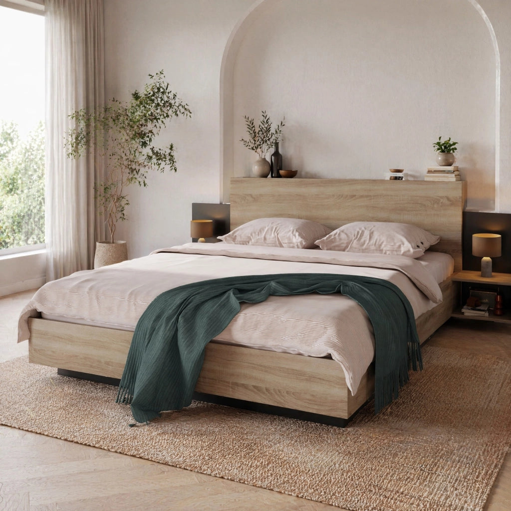 Letto matrimoniale 160x200 cm in legno massiccio con 2 comodini integrati; sonoma e grigio scuro