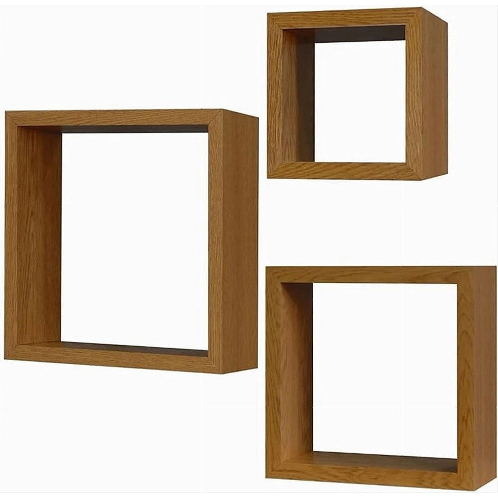 Trade Shop - Set 3pz Mensole Da Parete A Cubo Moderne Design Quadrato Effetto Legno 2 Ripiani -