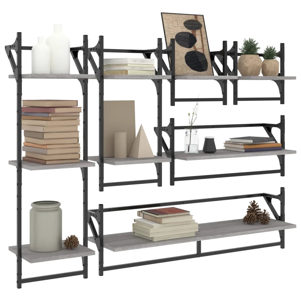 Set 6 pz Mensole Parete | Mensola sospesa con Aste Grigio Sonoma Legno Multistrato