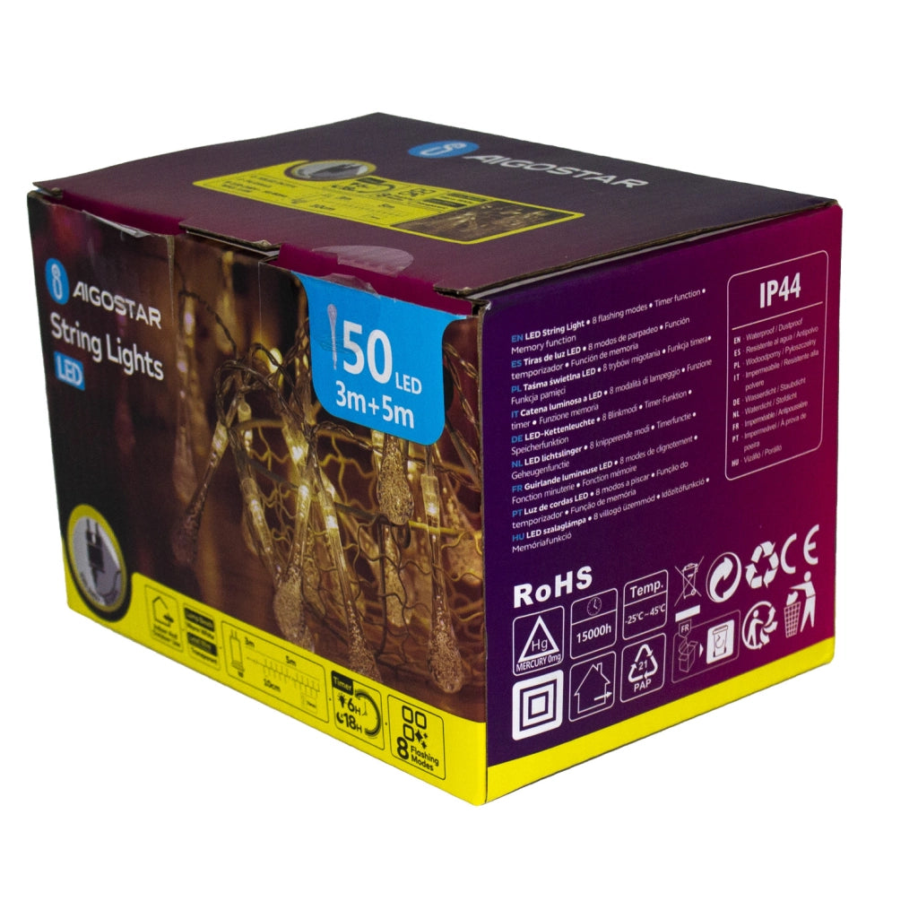 CATENA LUMINOSA GOCCIA AIGOSTAR 50 LED BIANCO CALDO
