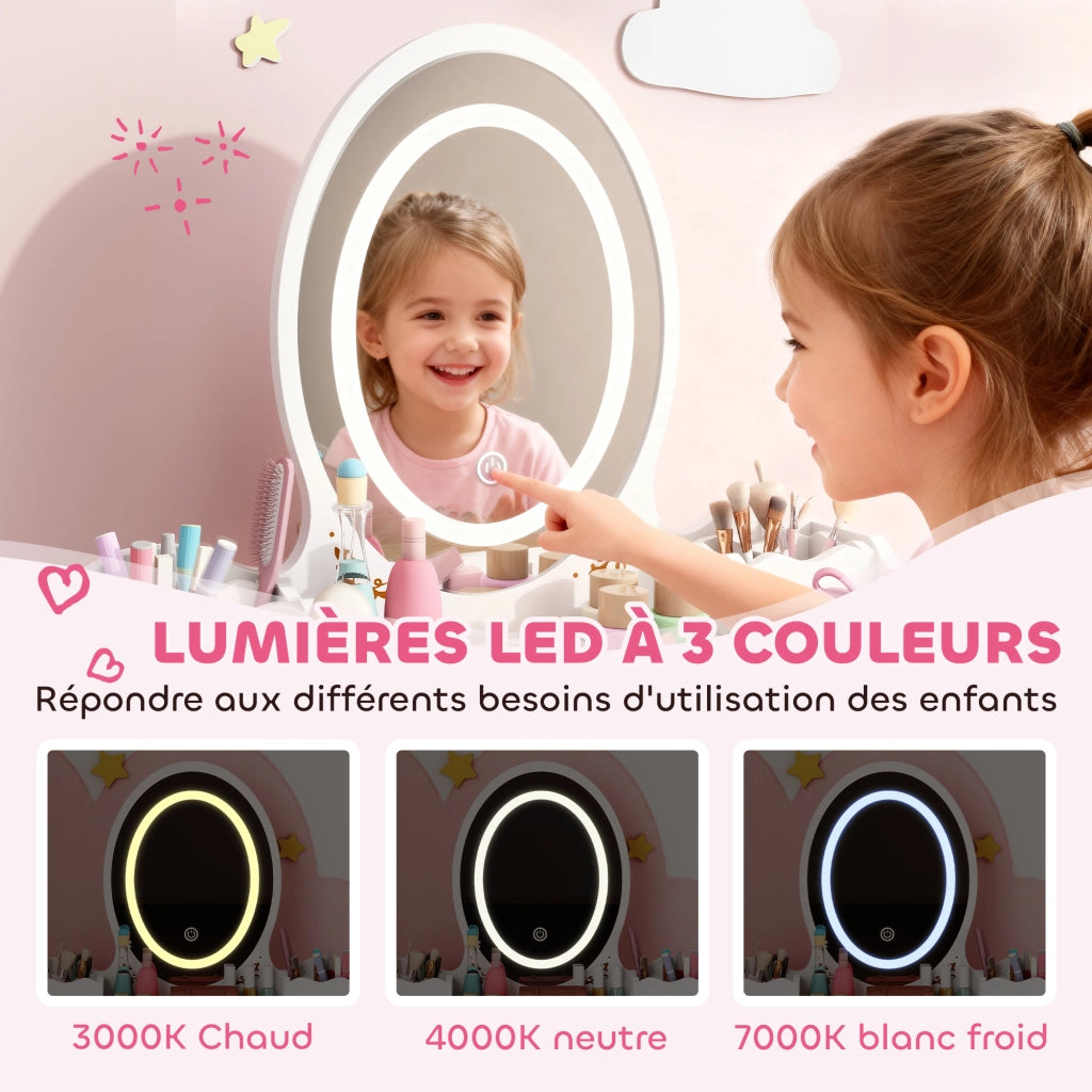 Scrivania per bambini con specchio LED e sgabello ¨C zephmum ¨C bianco 60x30x99,3 cm