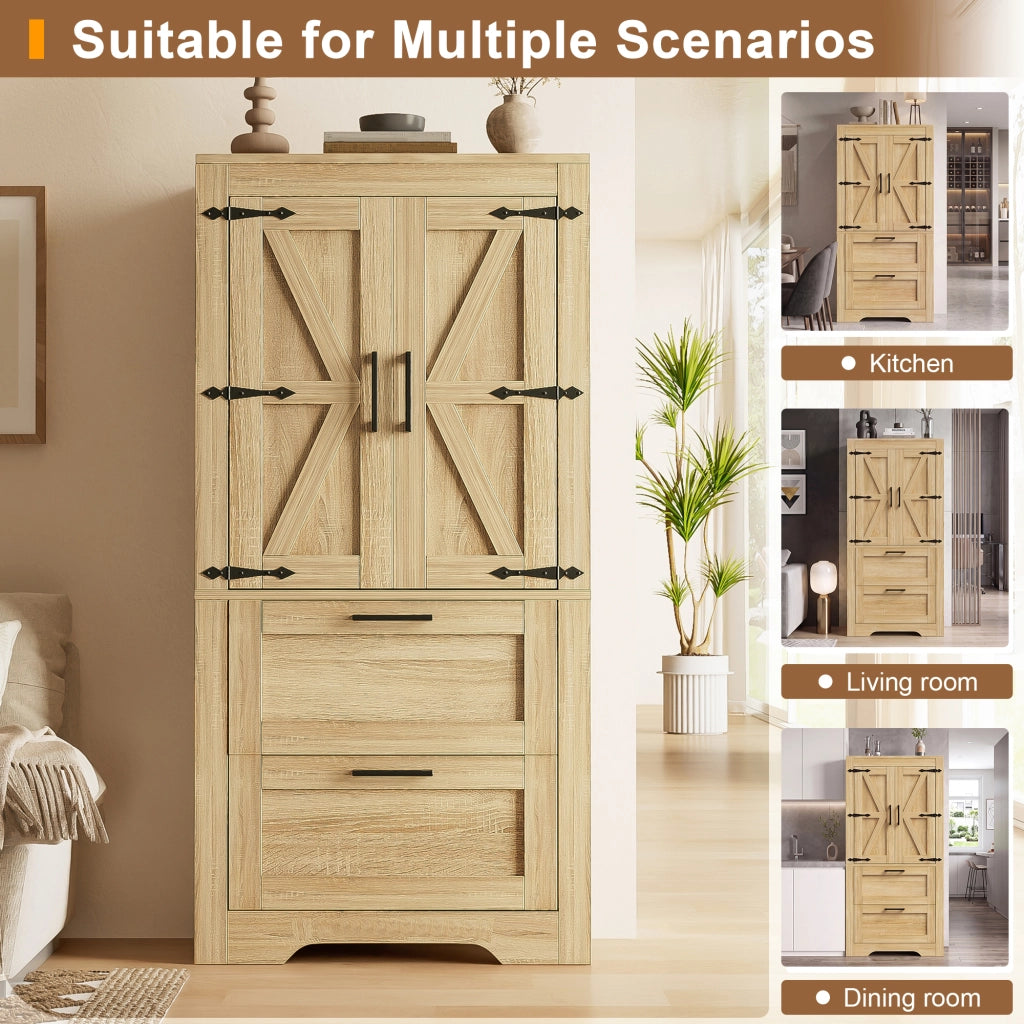 Credenza con 2 cassetti e ripiani regolabili in stile rustico per cucina, sala da pranzo e soggiorno in MDF naturale