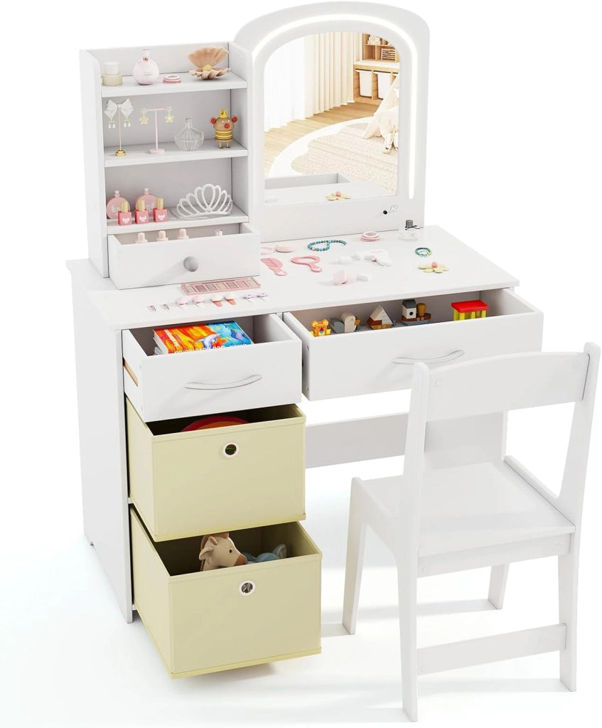 Set Toeletta Trucco per Bambina con Sedia, Specchiera Trucco con Specchio Acrilico e Luci LED a 2 Colori, Postazione Trucco 3 con Cassetti 2 Box in Tessutto, per Bambine di 3+ Anni