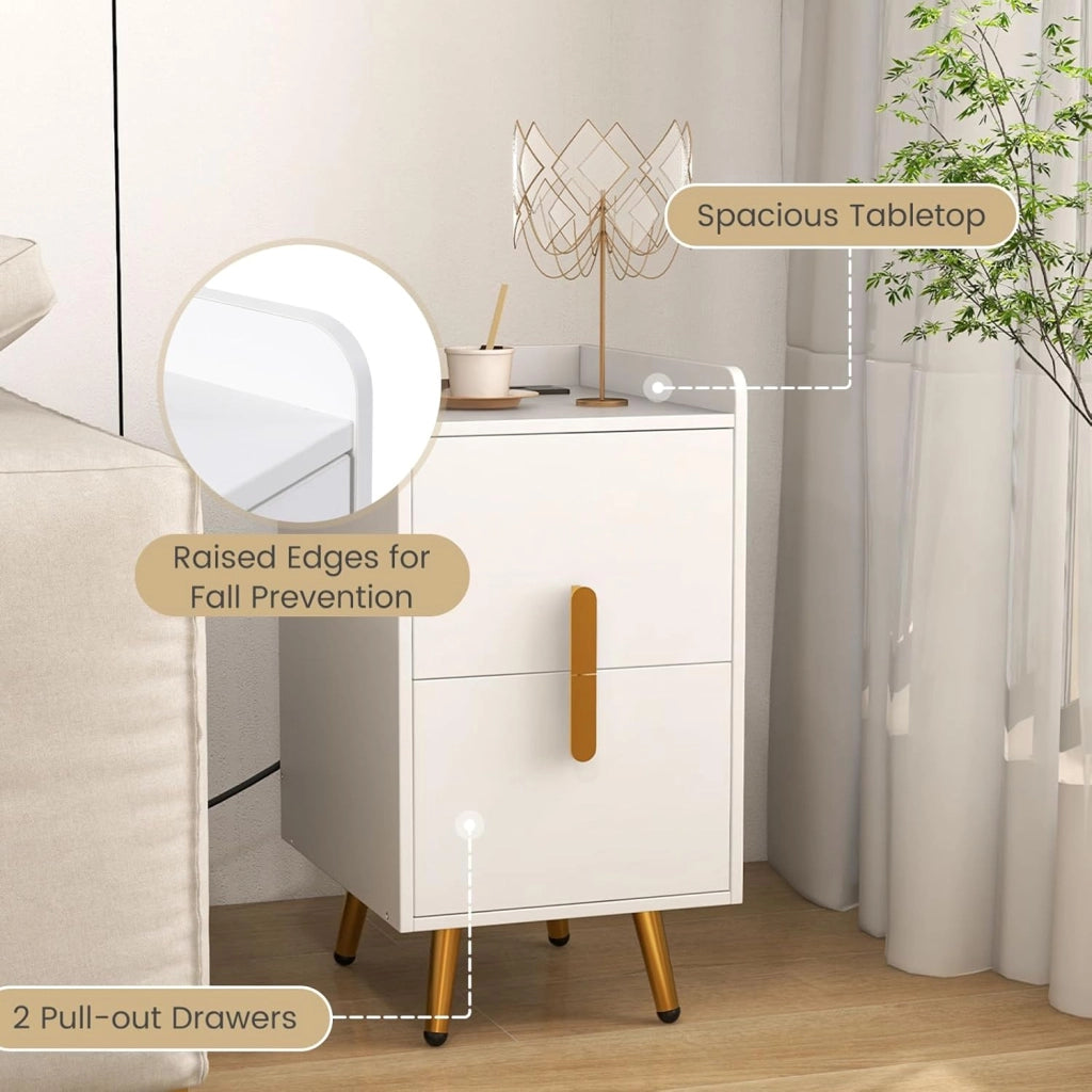 Comodino con stazione di ricarica, comodino con 2 porte USB e 3 prese, tavolino con 2 cassetti, comodino con gambe in metallo, 32 x 40 x 60 cm