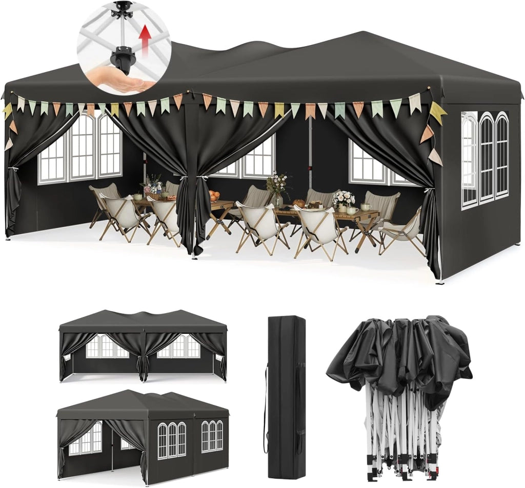 Gazebo Esterno Resistente 3x6 m, Tendone da Giardino con 6 Pareti Rimovibili, Sistema Pop-Up, Altezza Regolabile, Borsa da Trasporto, per Campeggio, Festa, Matrimonio, Beige