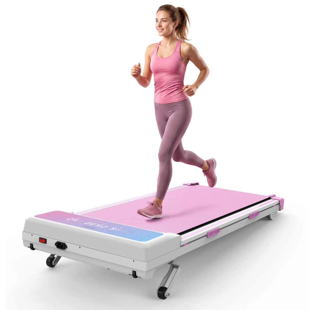 Tapis roulant ULEVR 1-8 km/h con inclinazione automatica 15%, Bluetooth, telecomando e display LED, rosa e bianco