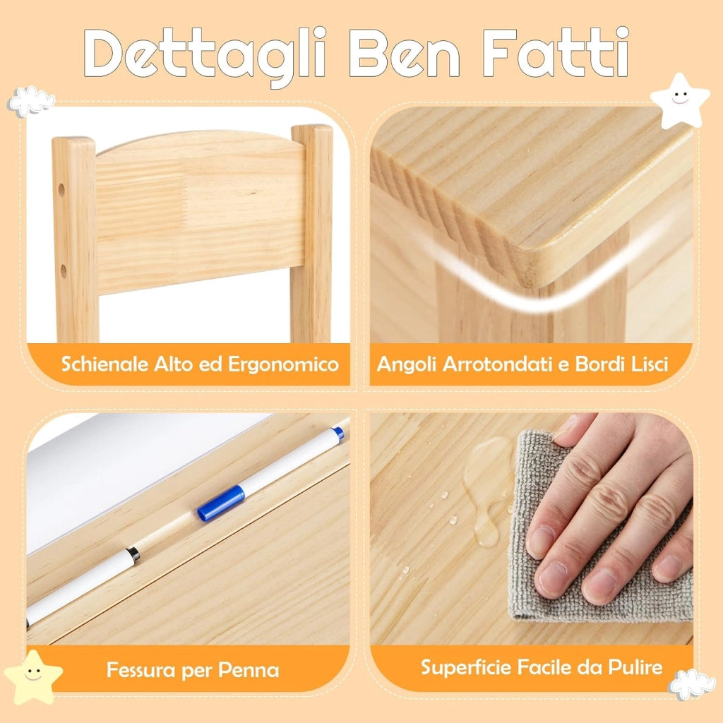 Set Tavolo e Sedia d’Arte per Bambini 3+ Anni, Scrivania in Legno di Pino da Disegno con Portarotolo, Piano Ribaltabile & Vano Portaoggetti, Rotolo di Carta (10m) e 2 Pennarelli (Naturale)