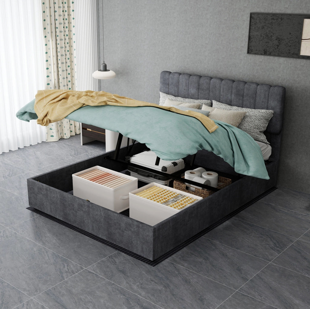 Letto imbottito 140x200 cm grigio con contenitore e testiera morbida