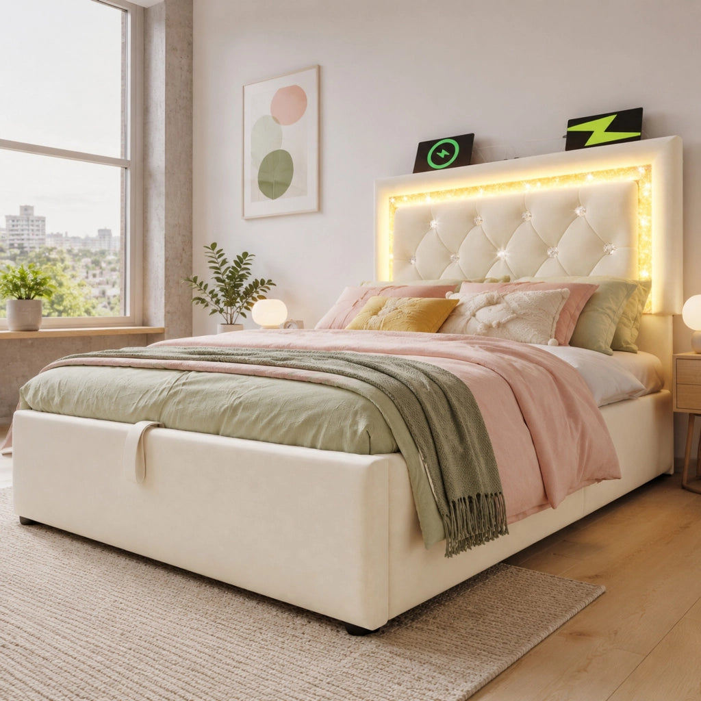 LETTO imbottito 90x200 cm in velluto beige con LED, USB e contenitore