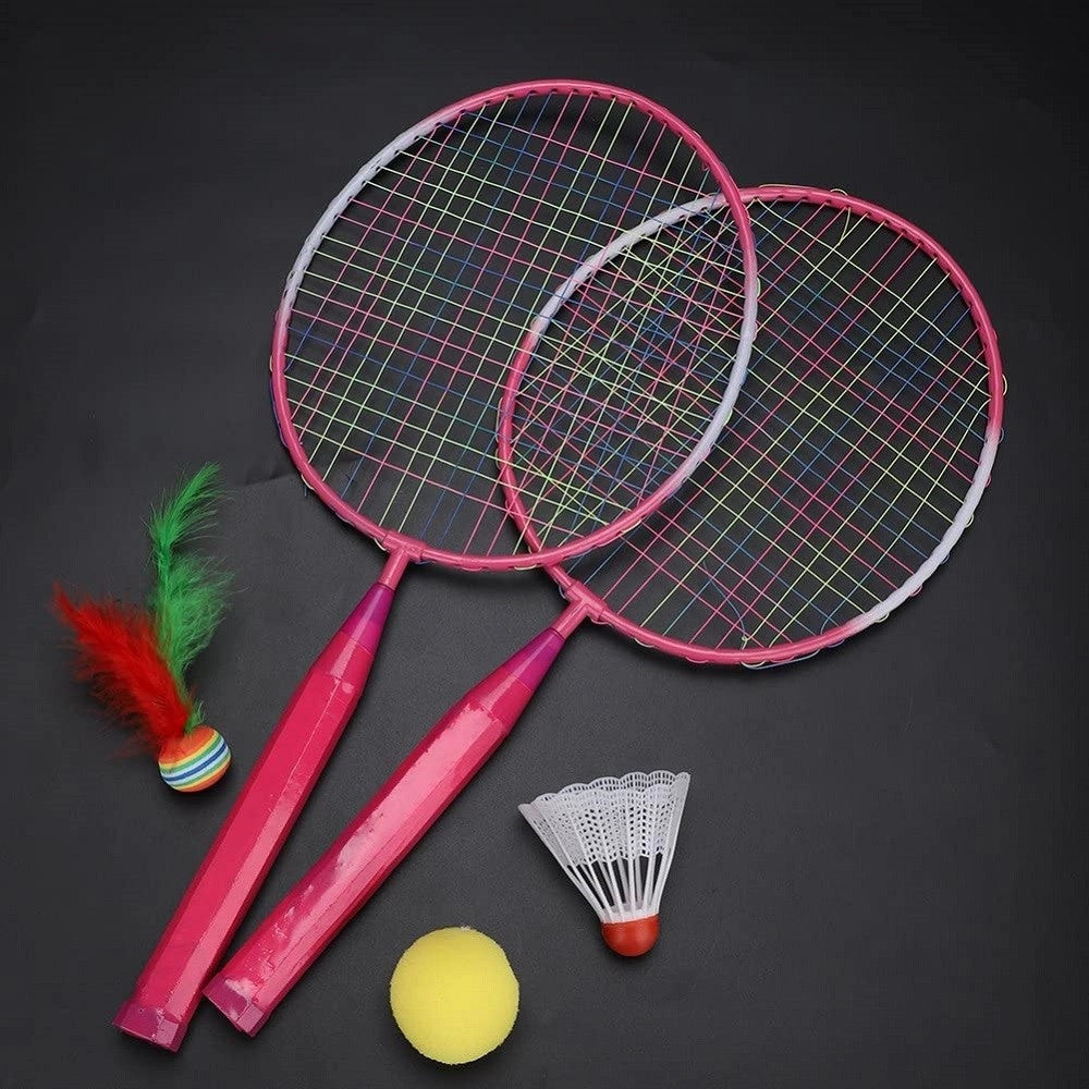 Trade Shop - Set Racchetta Badminton Palla Leghe Nylon Per Bambini Giocattoli All'aperto Rosa -