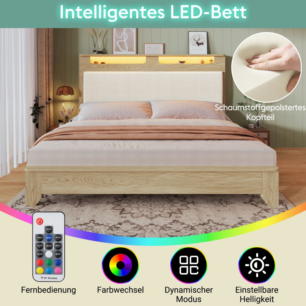 Letto matrimoniale in legno con LED e panca contenitore