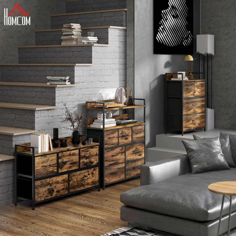Cassettiera con 5 cassetti in tessuto e ripiano superiore, struttura in acciaio, per camera da letto e soggiorno, marrone, 98 × 29 × 63 cm