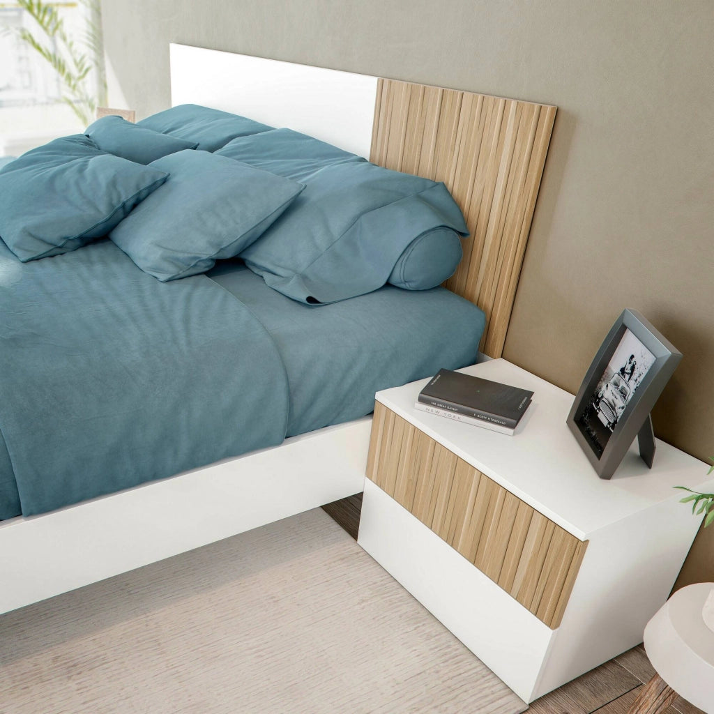 Testiera letto Armony, Testata letto con 2 comodini, Set per camera da letto, 266x34h89 cm, Bianco e Rovere