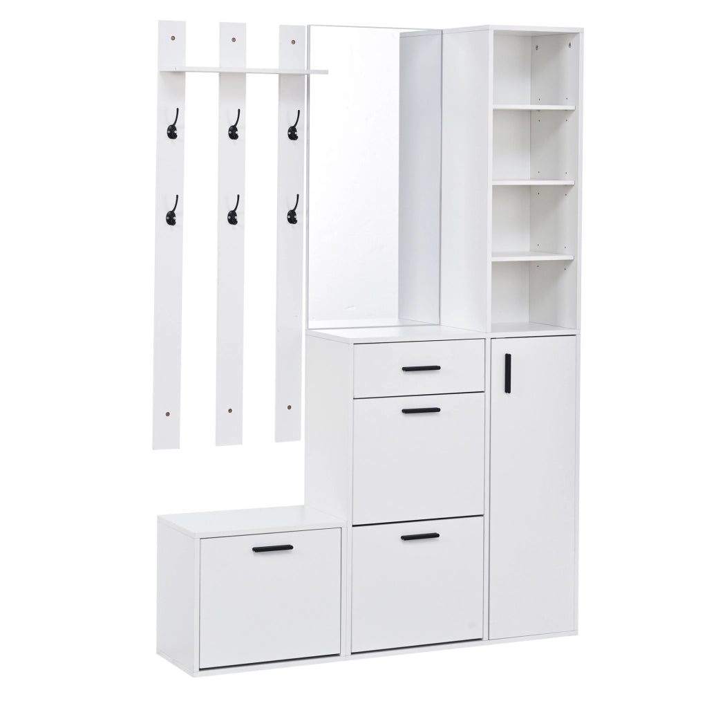 Mobile da ingresso con scarpiera; specchio e appendiabiti 120x30x178 cm in MDF e truciolare bianco