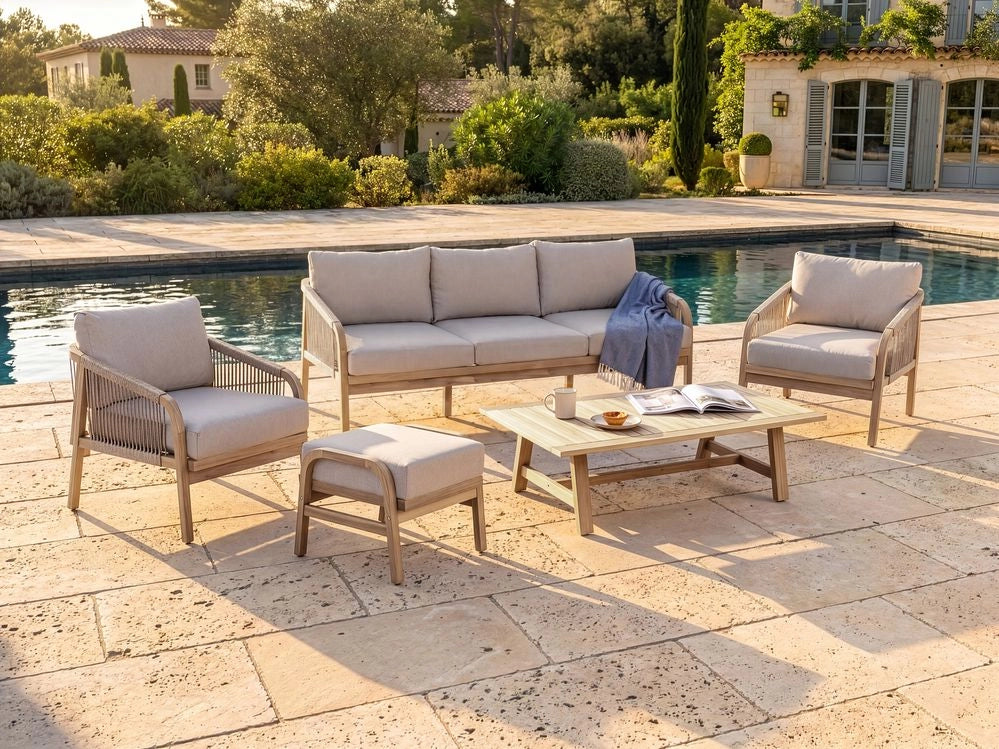 Set divano da giardino in legno di acacia chiaro con cuscini beige chiaro, 5 posti, design moderno, set da salotto da esterno