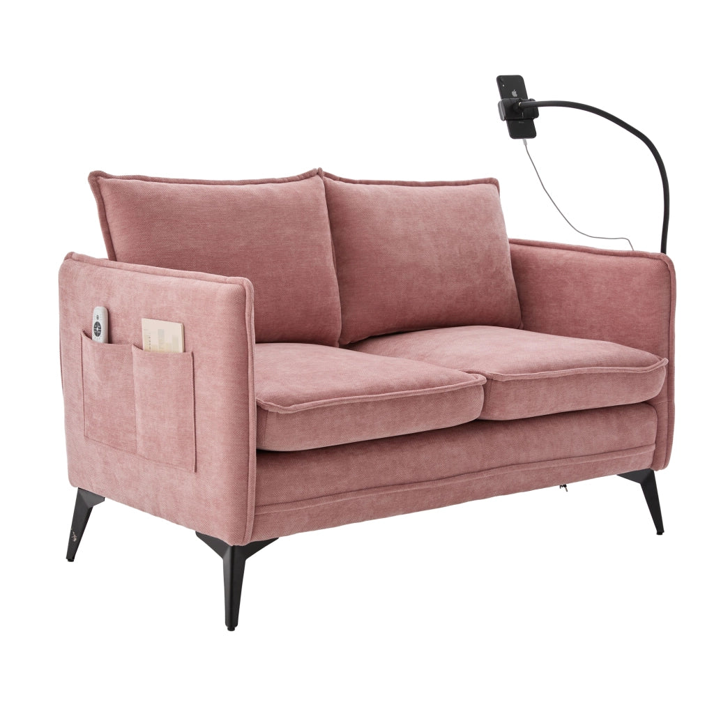 OKWISH Divano 2 Posti con Supporto Regolabile per Telefono e Tasche Laterali, Ciniglia Rosa, 127 x 69 x 66 cm