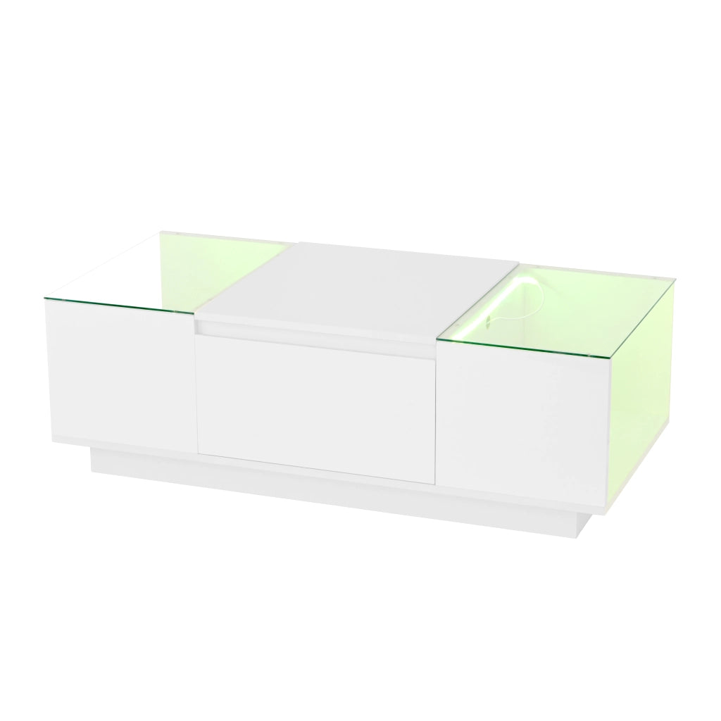 Tavolino da salotto moderno con LED - Zephmum- 105 cm, vetro, 2 cassetti