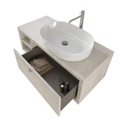 Mobile bagno sospeso 110 cm grigio chiaro con cassetto e vano a giorno completo di lavabo e specchio Master