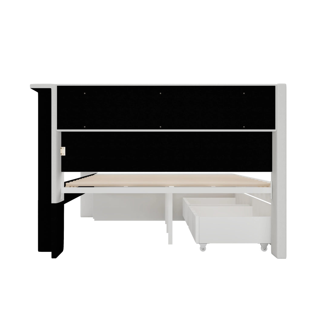 Letto imbottito 90x200 cm bianco con LED 7 colori, USB, 2 cassetti e scarpiera