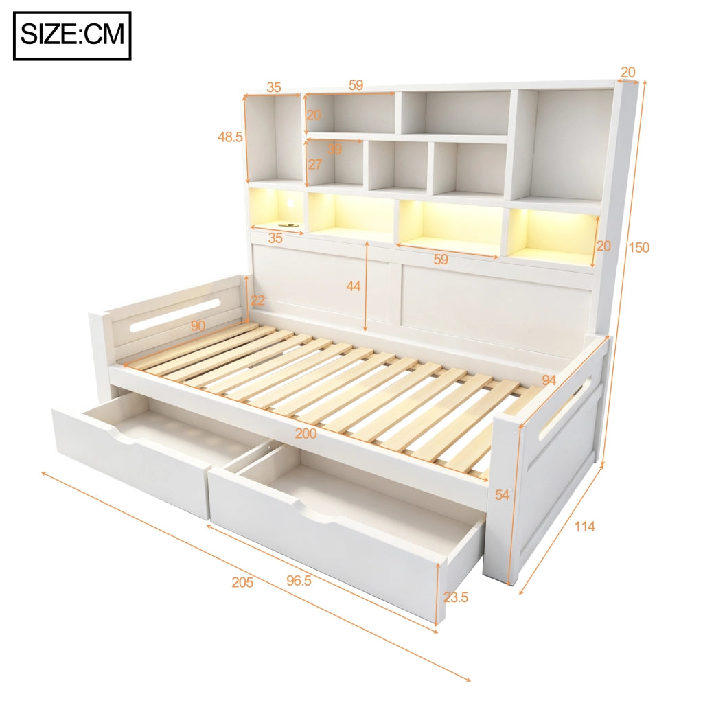 Letto singolo multifunzione 90x200 cm con armadio aperto; cassetti; LED; USB e vani portaoggetti; legno bianco