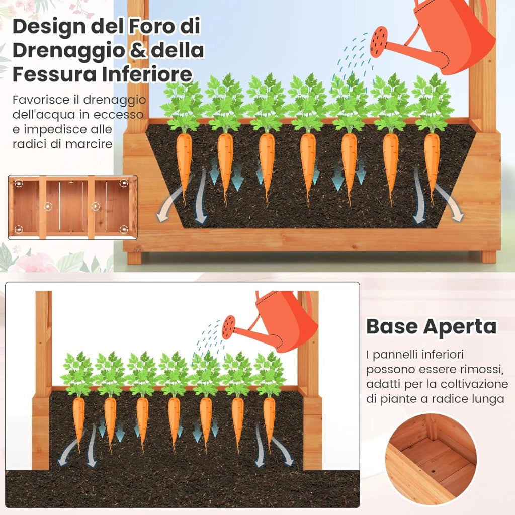 Aiuola Rialzata con Traliccio, Pergolato e Fori di Drenaggio, Fioriera Elevata da Esterno in Legno per Piante Rampicanti, Vite e Fiore,110 x 44 x 182 cm (Arancione)