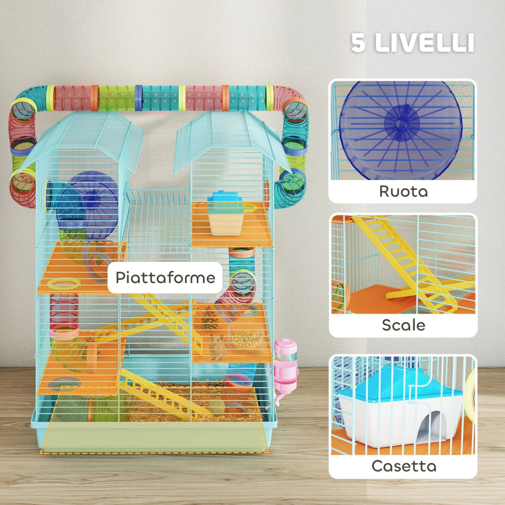 Gabbia per Criceti a 5 Piani con Tubi Colorati, Ruota, Casetta e Accessori, 47x30x59 cm, Azzurro