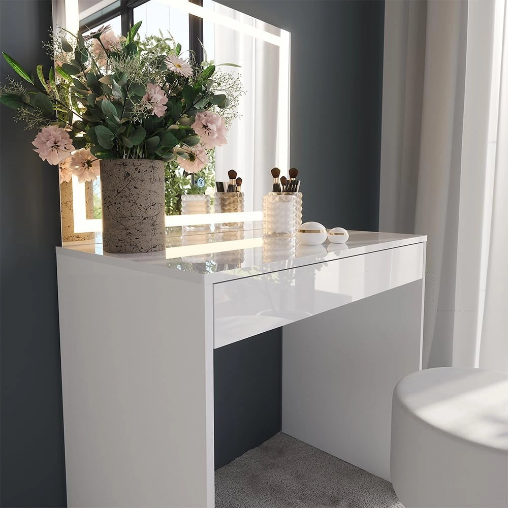 Tavolo da toeletta Sherry, Bianco/bianco lucido, 81.4 cm con specchio LED e sgabello