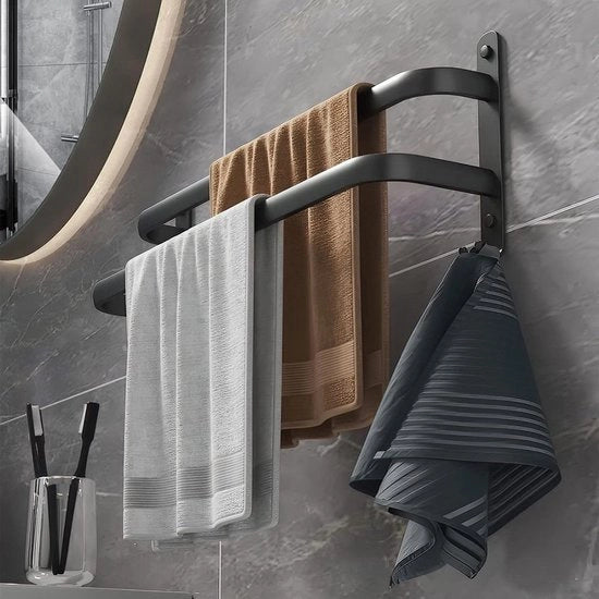 Maniglione per asciugamani in alluminio nero da appendere al muro - stanghetto per asciugamani senza perforazione - appendiasciugamani per ospiti con 2 ganci - per bagno cucina wc 40 cm - 2 strati