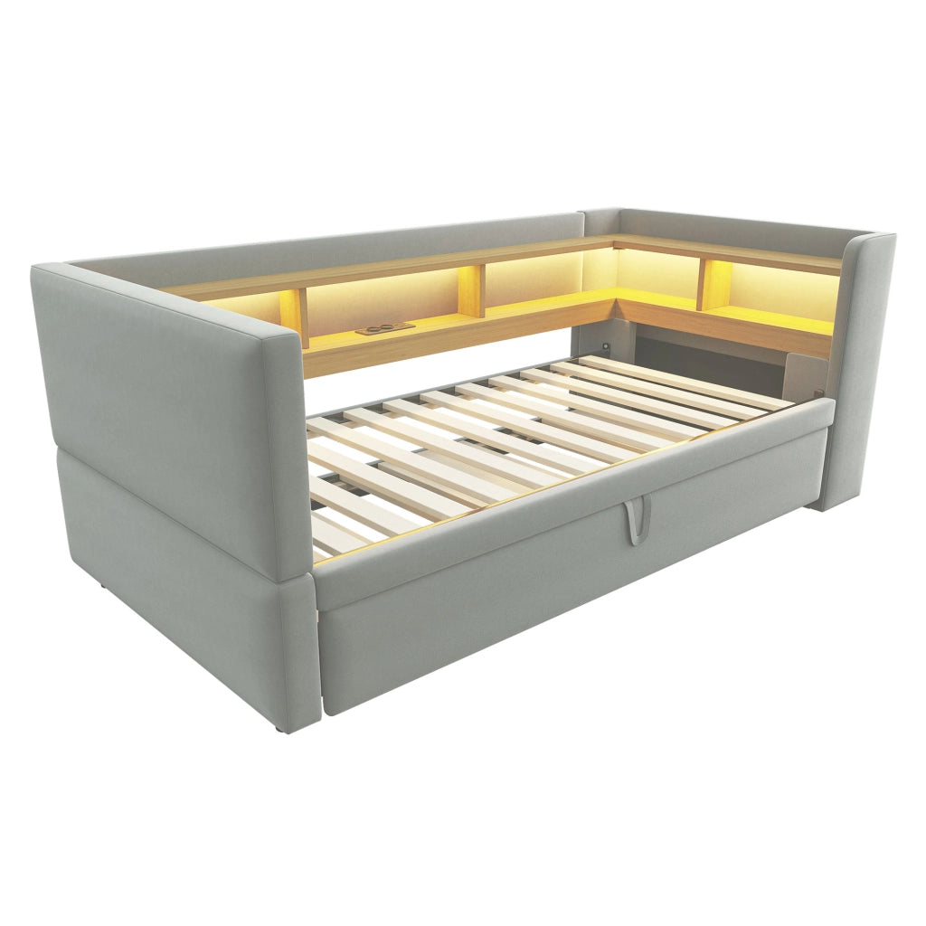 Divano letto imbottito 90/180 x 190 cm con luci LED, prese, vani contenitore e struttura in metallo