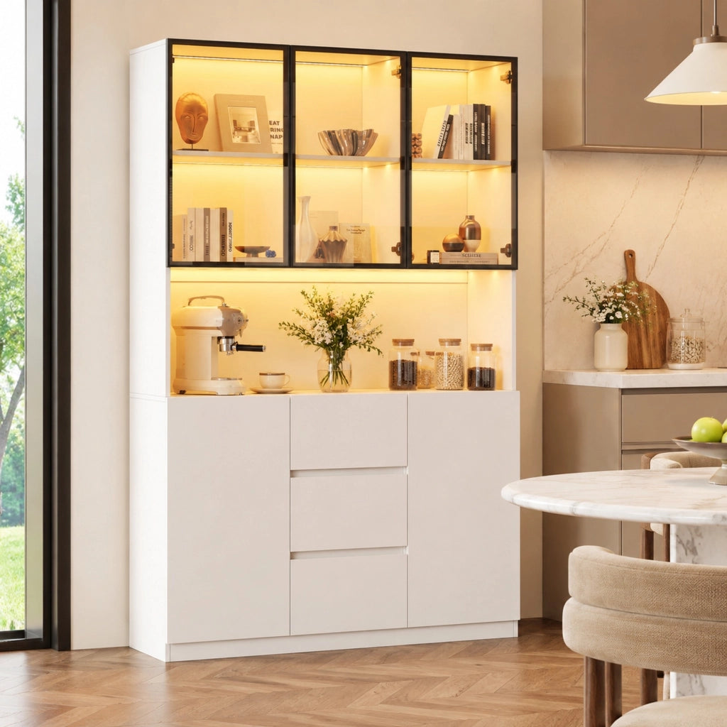 Vetrina in vetro con LED; 3 cassetti e 2 ante; MDF bianco; 120 × 40 × 200 cm