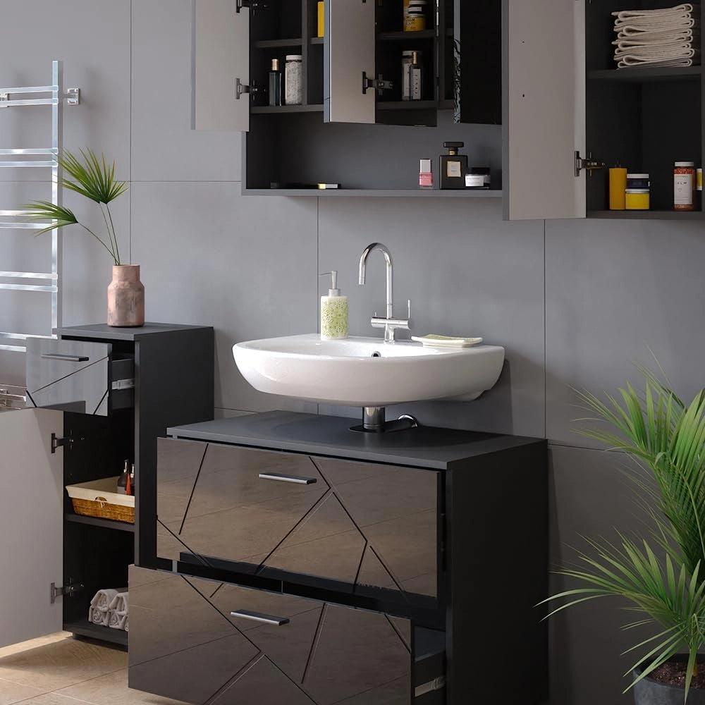 Set mobili bagno Irma, Antracite lucido, 80 cm, composto da mobile sottolavabo, specchiera, armadio medio e pensile