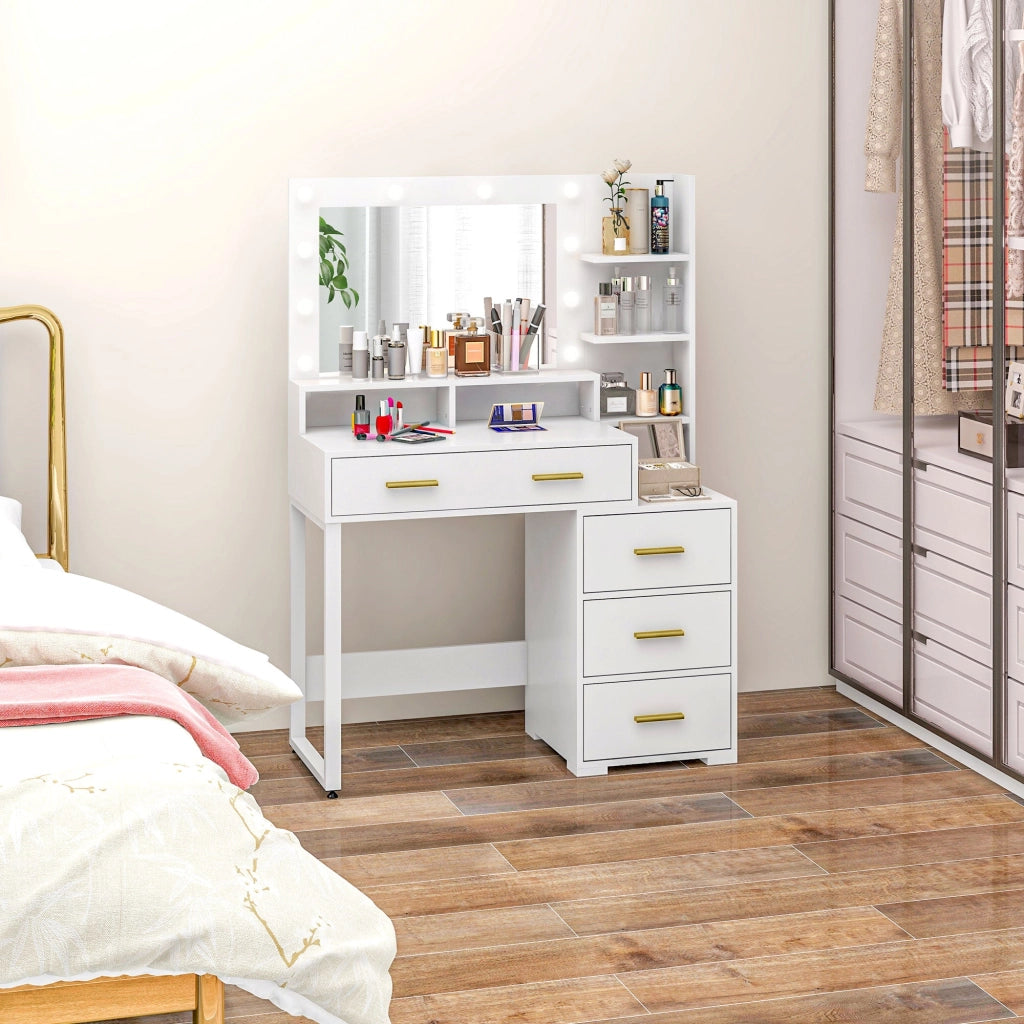 Tavolo da Trucco in Legno 100x40x138 cm con 4 Cassetti 6 Ripiani Aperti e Specchio Bianco