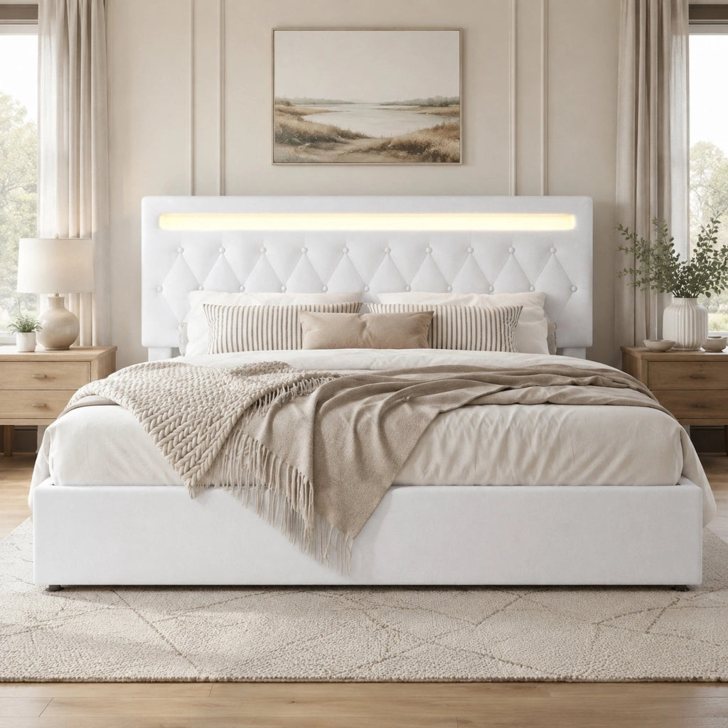 LETTO 180x200 cm imbottito con sollevamento idraulico, bianco, USB